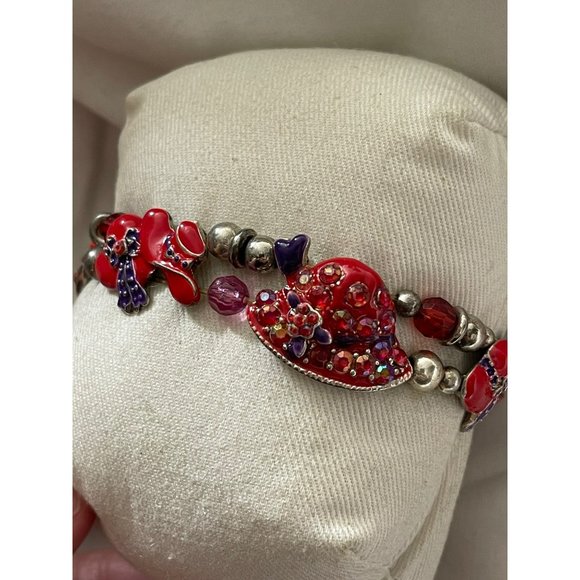 Vintage Silver Tone/Red/Purple Enamel Rhinestone Hat Charm/Bead Stretch Bracelet - Picture 5 of 12